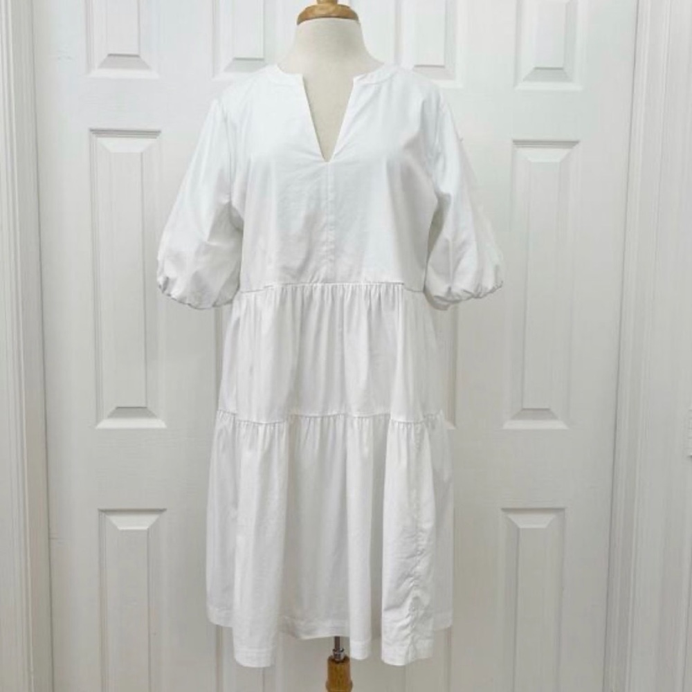 Chico's Womens White Cotton Tiered Puff Sleeve V-neck Babydoll Dress